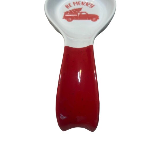 Ceramic Be Merry Spoon Rest Red Handle Truck Design Christmas Tree 9" - Picture 3 of 5